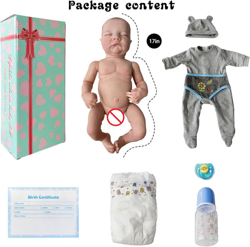 Realistic 17-Inch Reborn Baby Boy Doll, Lifelike Vinyl Full Body Gift for Kids Age 3+