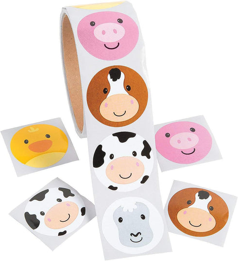 Face Farm Animal Stickers, 1 Roll with 100 Stickers, Party Favors and Classroom Handouts