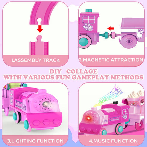 wagkew Set 2 3 4 5 6 7 Set Tracks Car Toys for Age Year Girls Toddler, Pink Princess Train Toys for Kids with Light