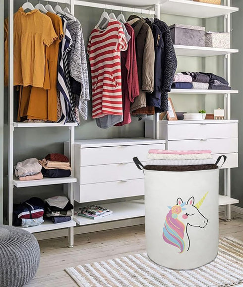 19.7" Round Kids Laundry Clothes Hamper with Handles, Unicorn Pattern, Portable Baby Toys Storage Organizer