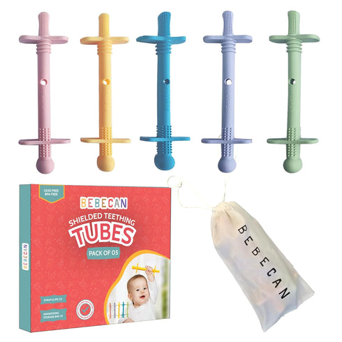 Bebecan Shielded Teething Tubes Baby Teething Relief 0-36 Months, Anti-Choking Design, Clip-Attachable,