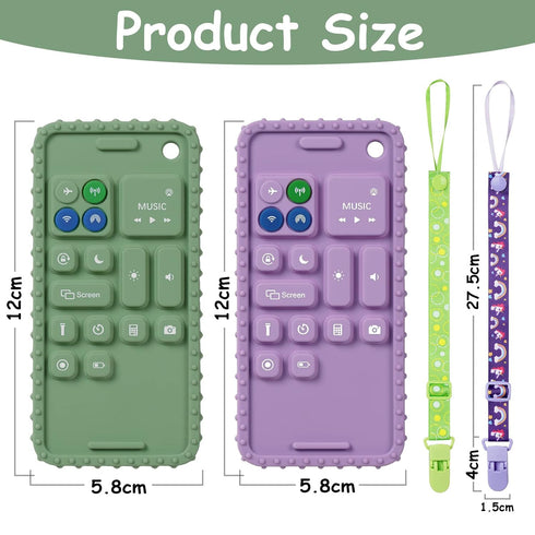 2PCS Silicone Baby Teething Toys, Cell Phone Teether Toys with 2PCS Pacifier Clip, Baby Teething Toys for 0-12 Months, Baby Phone Chew Toys BPA Free/Freezable/Dishwasher(Purple&Green)