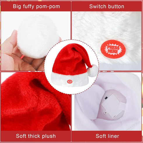 2 Janmercy Pcs Singing and Dancing Christmas Hat Electric Swing Moving Santa Cap Plush Red Musical Funny Xmas Toy Hat