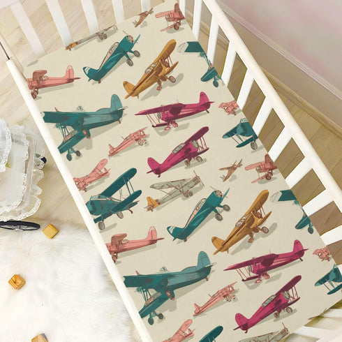 Pigsaly 27x39 Inch Crib Sheets Airplane Retro Planes Baby Sheet for Standard Crib Mattress Boys Girls Toddler Bed
