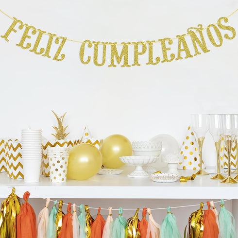 Feliz Cumpleaños Gold Glitter Banner - Happy Birthday Fiesta Theme Party Decorations
