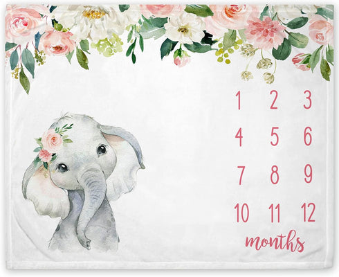 Floral Elephant Baby Monthly Milestone Blanket, Soft Fleece Jungle Elephant Girl's Blanket, Includes Marker (White,
