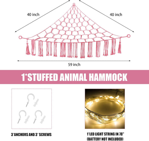 CERETIA Hammock Stuffed Animal with LED Light, Large Stuffed Animals Storage Corner Plushie Net for Kids Room Decor