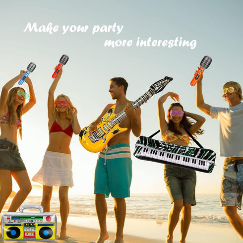 22 Pack Inflatable Guitar Set - Blow Up Guitars, Microphones, Glasses, Saxophone, Piano, and Recorder for Kids
