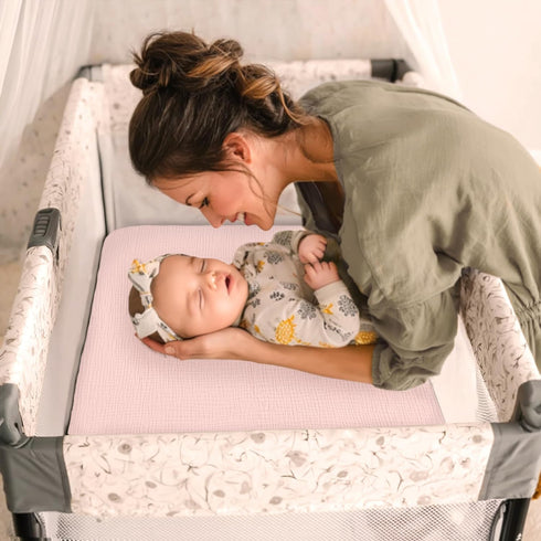 Pack 4moms Pack lulumoon and Play Sheets for Girls: Soft Muslin Cotton for Playard Mattress - Stretchy Snug Fit for n