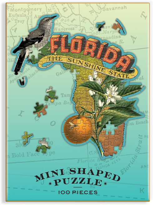 Galison Wendy Gold Florida Shaped Mini Puzzle, 100 Pieces, 8” x 9.75” – Die-Cut Jigsaw Puzzle Gift Idea