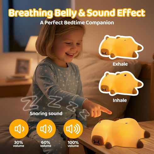 3-Level Dimming, Mewaii Snoring Sound Capybara Night Light for Kids -Silicone Breathing Capybara Gifts Lamp with Cute