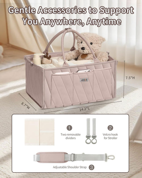 VKSAO Diaper Caddy Organizer Portable Storage Basket with Shoulder Strap & Stroller Hooks, Splashproof Quilted Nursery