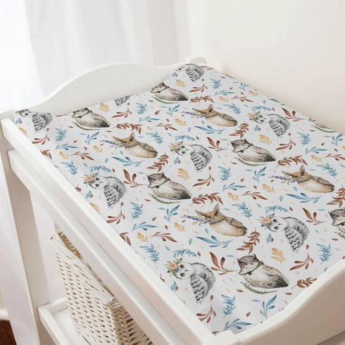 Watercolor Owl Flowers Leaves Changing Pad Cover, Cute Owl Birds Floral Changing Table Cover Sheets for Boys Girls