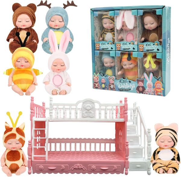 SwankyStyle 6 Pcs Adorable Mini Baby Dolls with Cute Animal Outfits & bunk