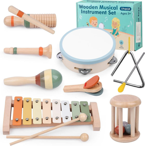 Uhqajd Baby Musical Instruments Set, Montessori Wooden Toys for Toddlers 3+, Neutral Colors