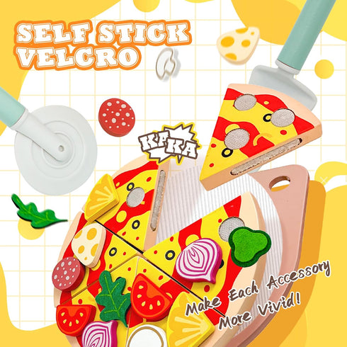 Set, 25 Playset 3-5 Wooden Pizza Toy Pcs Cutting Toys Kitchen Pretend Play Accessories, Pizza for Year Old Boys & Girls