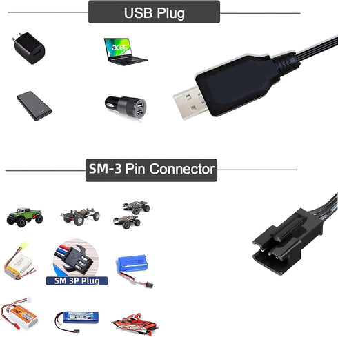 Smart Universal RC Charger Cable with SM-3P Connector for 7.4V 2S Lipo Battery, Compatible with RC Cars, Boats, Drones