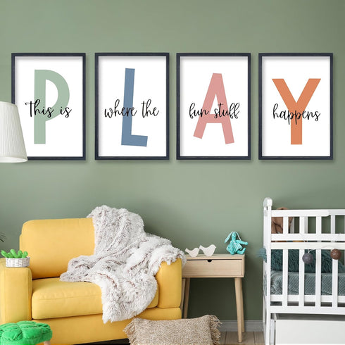 TQianJiang 4 11"16" Playroom Wall Art for Kids Piece PLAY Letter Prints with This is Where the Fun Stuff Happens Quote