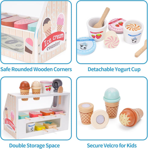 Wooden Ice Cream Counter Playset for Kids - Kitchen Pretend Play Gifts for Ages 3-6