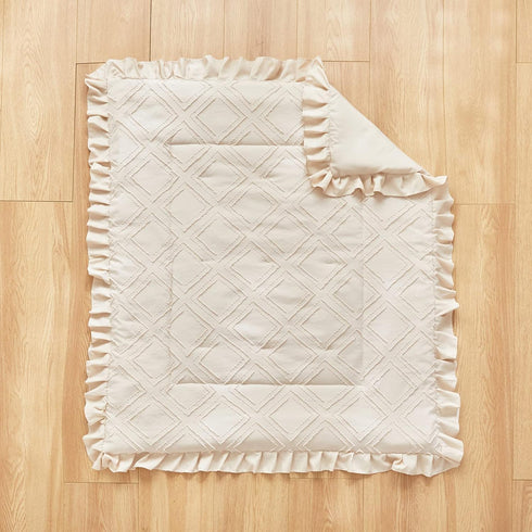Set 3 Mini Crib Bedding Pieces Baby Boho Quilted Tufted Ruffles Comforter with Fitted Sheet and Ruffled Bed Skirt