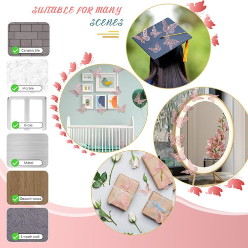 3D 3 4 48Pcs) Pink Butterfly Wall Decor Sizes Styles Butterfly Party Decorations Cake Decorations Removable Stickers