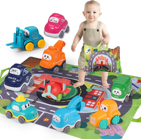 ALASOU 9 PCS Baby Cranes Car Toys with Playmat, 1st Birthday Gifts for 1-2 Year Old Boys
