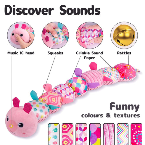 Sumobaby Infant Musical Stuffed Animal - Soft Toys with Multi-Sensory Crinkle, Rattle, Textures for Tummy Time, Pink