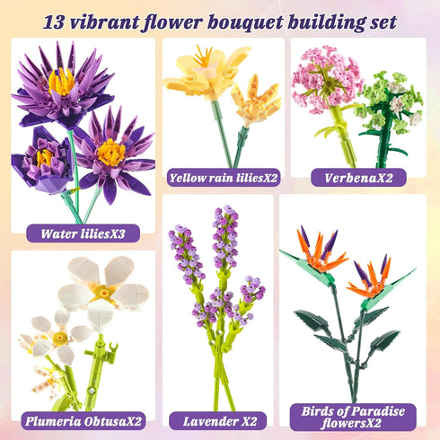 Flower Bouquet Building Set, 891PCS DIY Artificial Flowers, Birds of Paradise and Water Lily for Home Decor