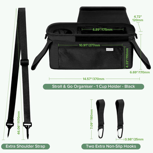 haakaa Universal Stroller Organizer - Black, Single Cup Holder, Stroller Caddy Accessories with Shoulder Strap & Extra