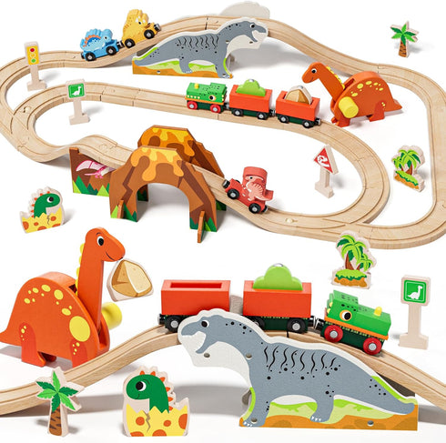 Lehoo Castle Wooden Train Set, Dinosaur Wooden Train Track Set for Toddlers 2-4, Fits Thomas and Brio