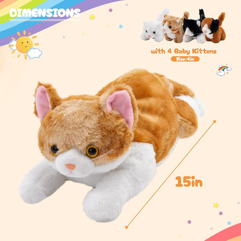 15'' Mommy 4 Cozy WEWILL Cat with Kittens Stuffed Animals, Plush Toy with Baby Kittens, Cute Surprise for Imaginative