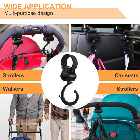 3 Pcs Walker Hook Hanging, 360° Rotation Baby Stroller Wheelchair Hanger Clip for Diaper Bags and Mommy Organizers