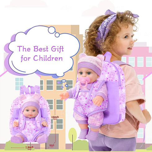 XFEYUE 12'' Backpack Backpack, 3+ Baby Doll with Bear Pattern in Gift Box,Including Clothes Accessories, Baby Bottle