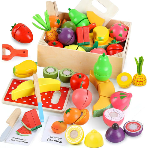 35PCS 3 4 5 6 Wooden Play Food for Toddlers, Pretend Food Toys Play Kitchen Accessories with Storage Basket, Learning