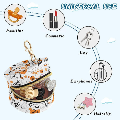 YETTASBIN Halloween Pumpkin Portable Pacifier Holder Case with Metal Hook Buckle & Zipper for Diaper Bag and Stroller