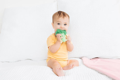 0+ Pearhead Broccoli Baby Teether Soft Plush Sensory Toy with BPA-Free Silicone Beaded Ring & Crinkle Sound, Soothes