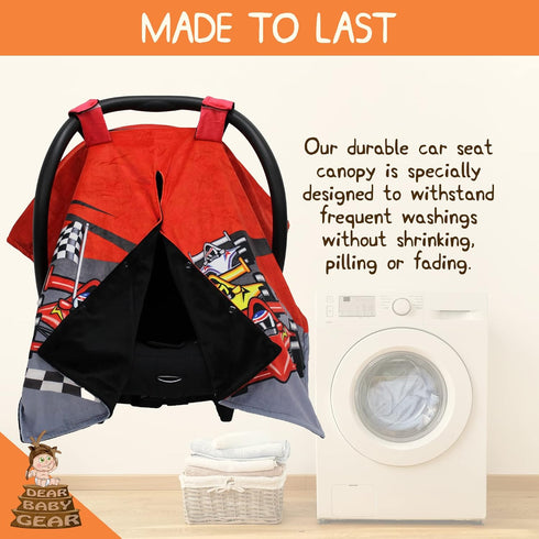 Dear Baby Gear Car Seat Canopy, Premium Infant Car Seat Cover, Race Car Print/Black Smooth, 40" x 30"