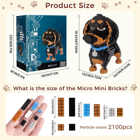 Dachshund Micro Building Block Set, 2100 Pieces Animals Dog Mini Bricks Kit, Cute Birthday Gifts for Adults and Teens