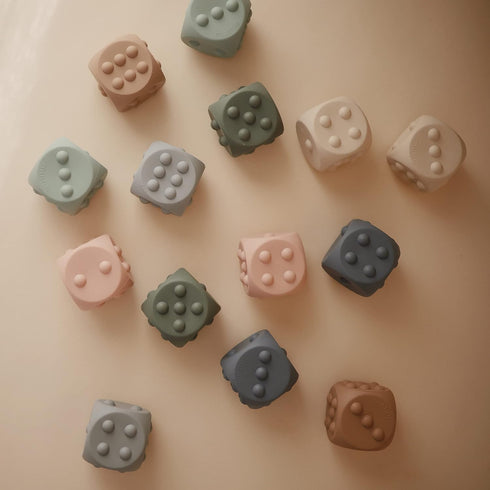 mushie Silicone Dice Press Toy, Baby Sensory Play for 10+ Months (Cambridge Blue/Shifting Sand)
