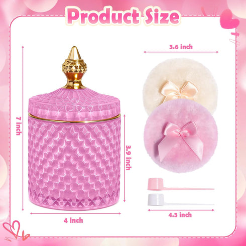 MMRYLEPTY 5 Set, 21oz Pcs Body Powder Puff Pink Glass Powder Container with Lid, Soft Powder Puffs & Spoons, Washable