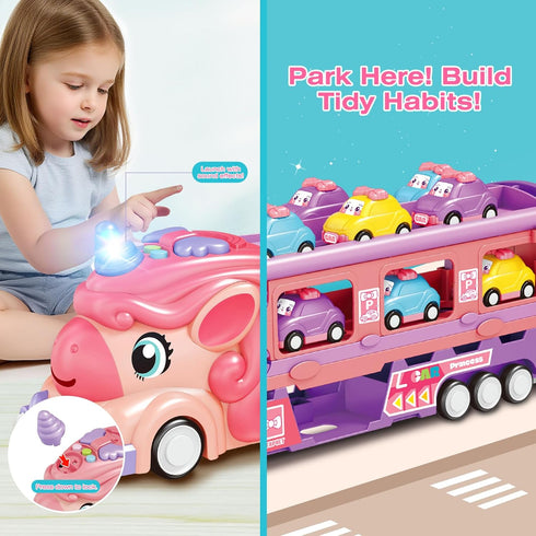 Zlreswer 3 4 5 6 7 3+ Car Toys for Year Old Toddler Girl, Toys Truck & Foldable Race Track Car Toys with Light & Sound