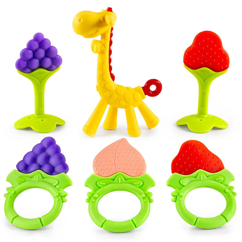 Baby Teething Toys 6-Pack, Food Grade Silicone Teether Set, Freezer Safe, BPA-Free for Babies 0-6 Months