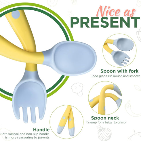 Toddler Utensils Baby Spoons and Forks Set with Case, Bendable Self Feeding Training Flatware for Kids - Green, Pink,