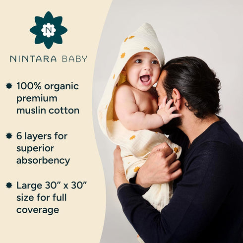 100% 30" 30", Hands-Free Hooded Towel - Organic Premium Muslin Cotton, x Ultra-Absorbent, Soft, Breathable