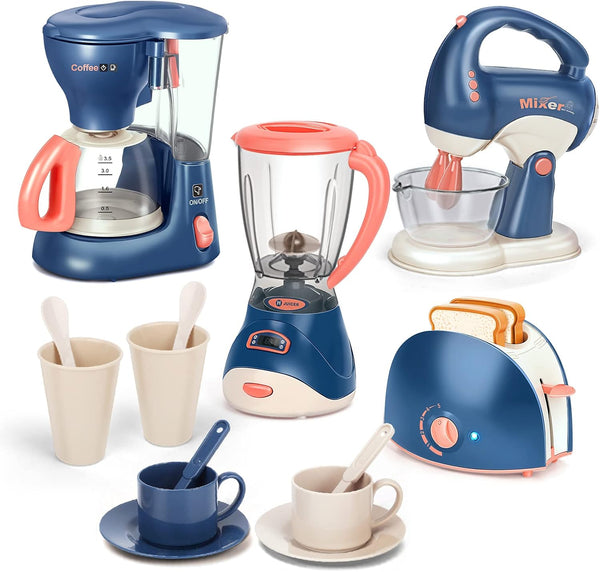 Pretend Play Kitchen Appliances Toy Set with Coffee Maker, Blender, Mixer, Toaster - Realistic Light & Sounds for Kids