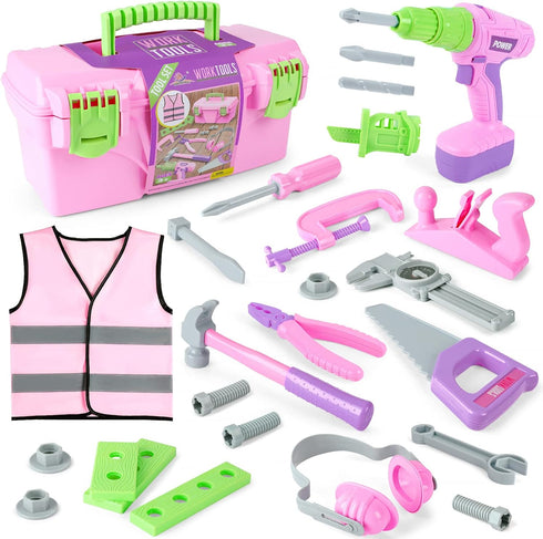 Kids Tool Set, Pink Toy Tool Set for Girls with Electric Drill, Hammer, Planer, Working Vest, Accessories, Storage Box
