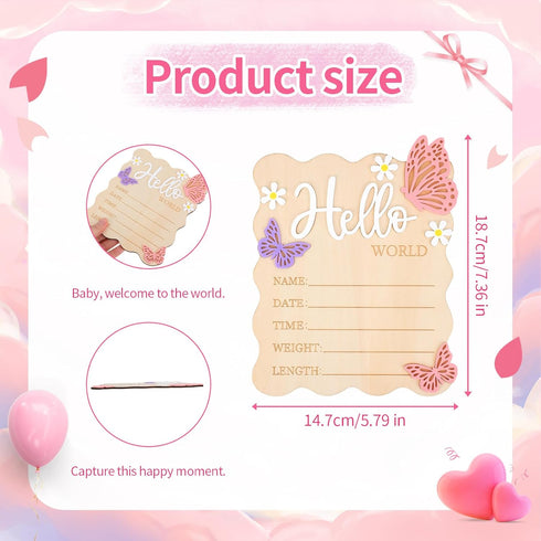Goktvai Hello World Board, Wooden Butterfly Daisy Baby Birth Announcement Sign Newborn Birth Sign for Information