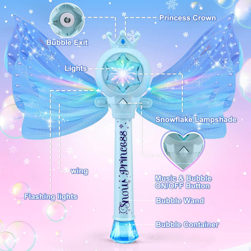 LED Light & Music Bubble Machine - Bubble Wands for Kids Girls | 3 AA Batteries & 2 Bubble Solutions | Outdoor Party