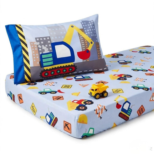 Set Set Everyday Kids Toddler Fitted Sheet and Pillowcase -Under Construction- Soft Breathable Microfiber Toddler Sheet