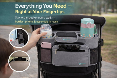 Stroller Caddy with Cup Holder Universal Waterproof Stroller Organizer with Cup Holder for Instant Access & Hands-Free